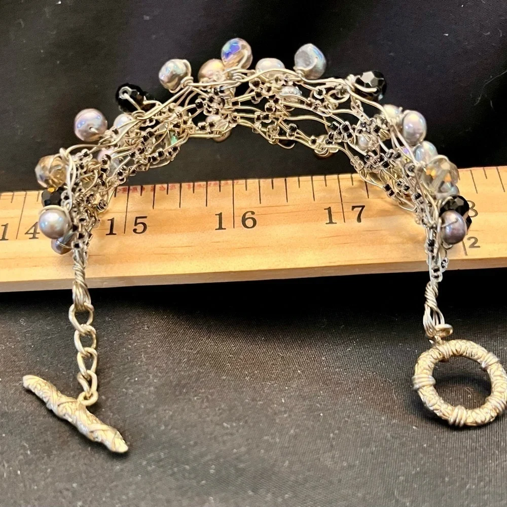 Vintage Handmade Wire Wrapped Bracelet Freshwater Pearl Aurora Borealis Bead Art